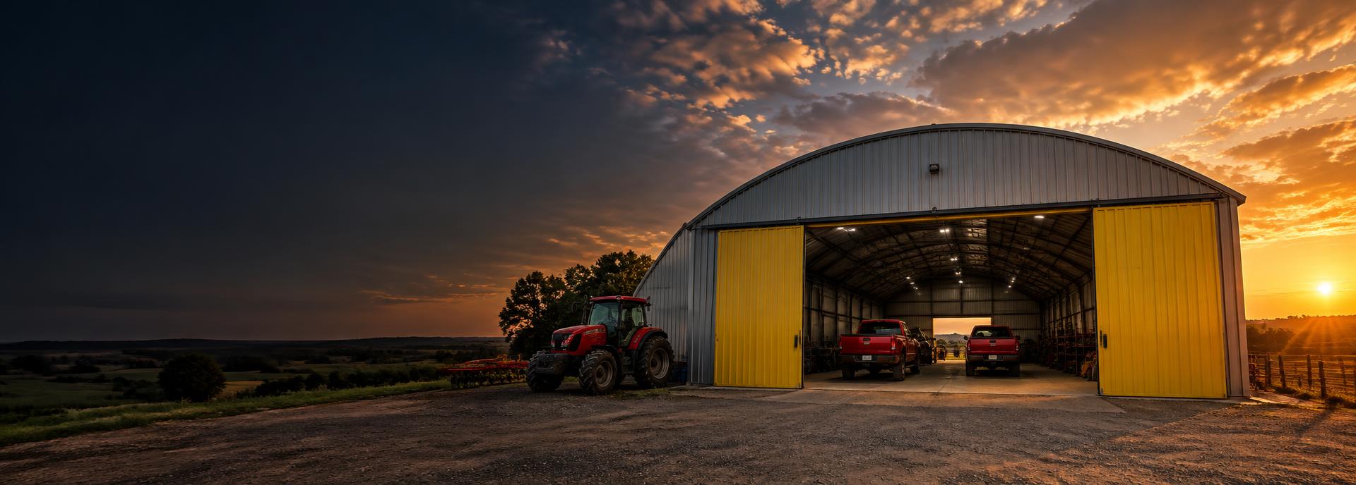Galpão construído pela CONOBRAS ao pôr do sol